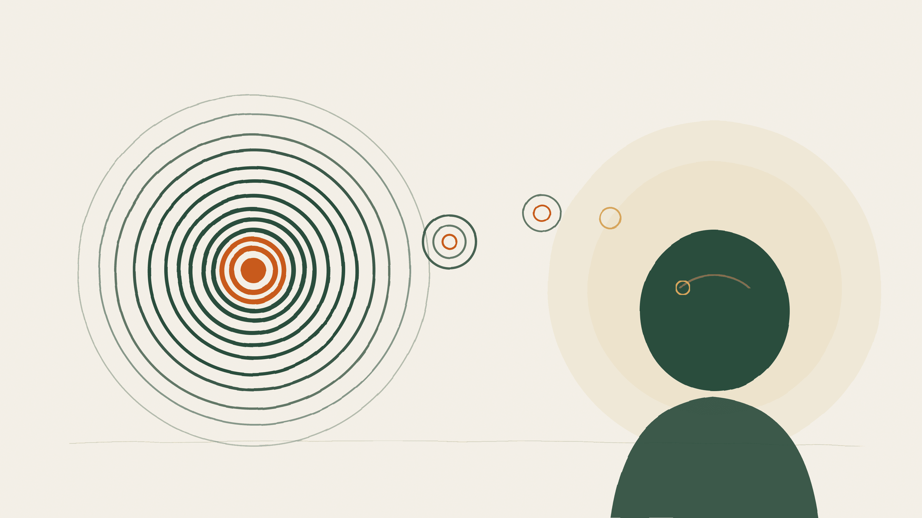 An abstract illustration representing OCD therapy, featuring concentric circles in grounding forest green and terracotta tones surrounding a central figure to symbolise breaking the cycle of obsessive thoughts.